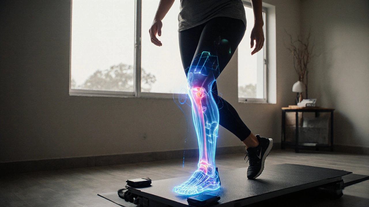 A woman undergoing AI gait analysis to correct knee movement and reduce joint stress.