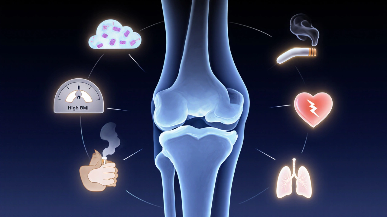 Artistic knee surrounded by icons for infection, obesity, smoking, heart and lung issues.