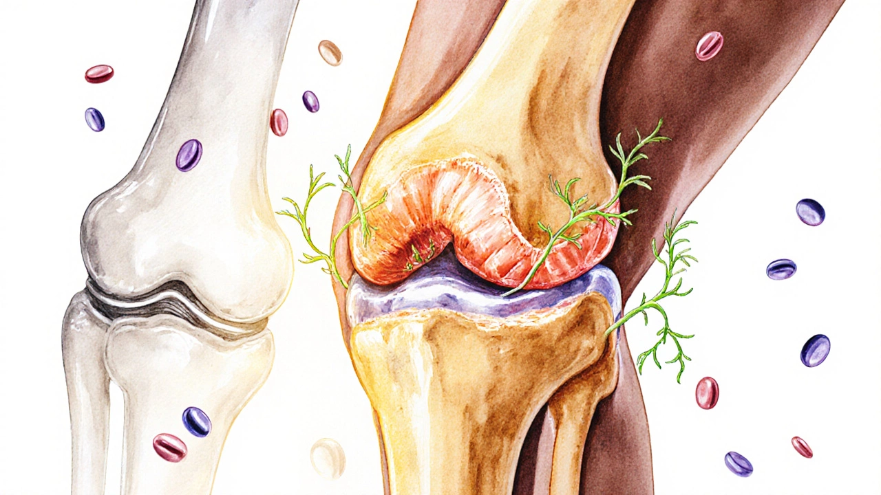 Bioengineered scaffold growing within a damaged knee meniscus, symbolizing natural tissue regeneration.