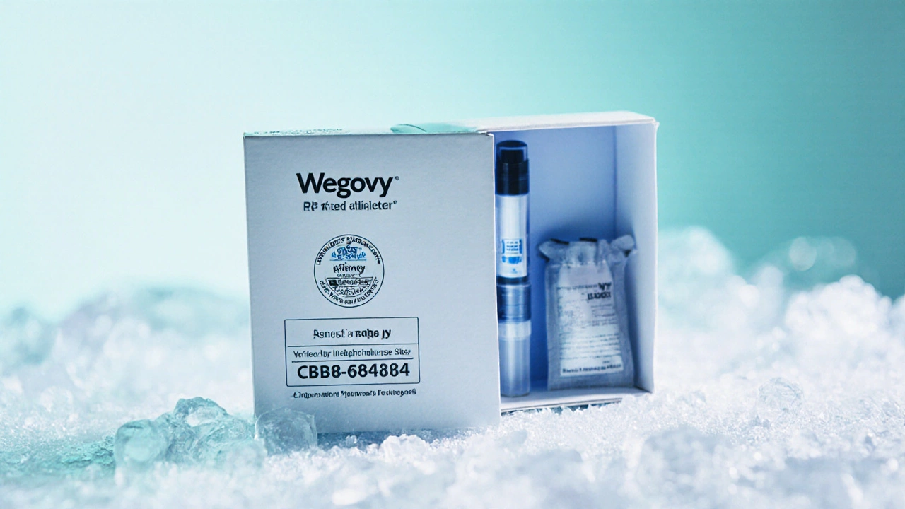 Close‑up of a Wegovy autoinjector box with verified pharmacy seal and refrigerated packaging.