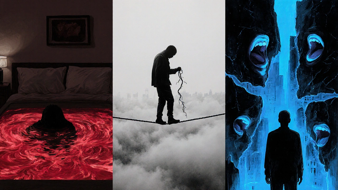 Collage showing depression pool, tightrope for borderline, and fractured city for schizophrenia.