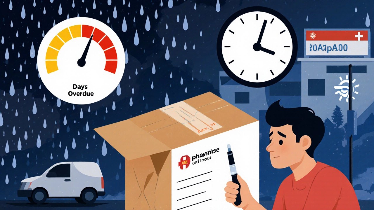 Delayed medication package with temperature warning near a distressed patient.