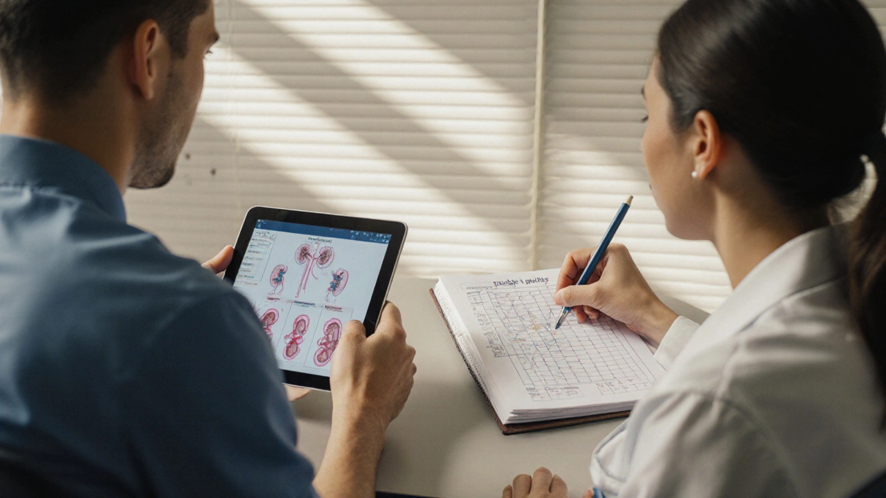 Doctor and patient discussing weight‑loss results in a sunlit clinic office.