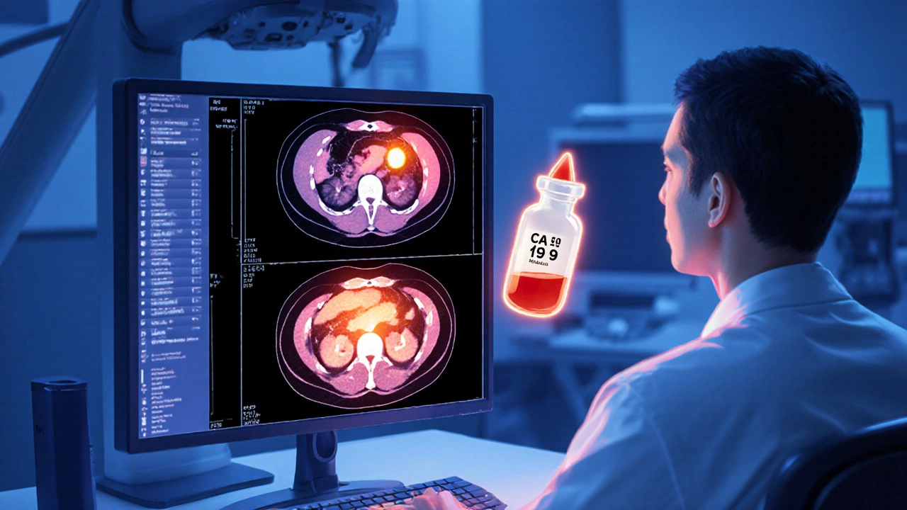 Doctor reviewing a CT scan showing a bright spot in the pancreas with a glowing blood droplet.