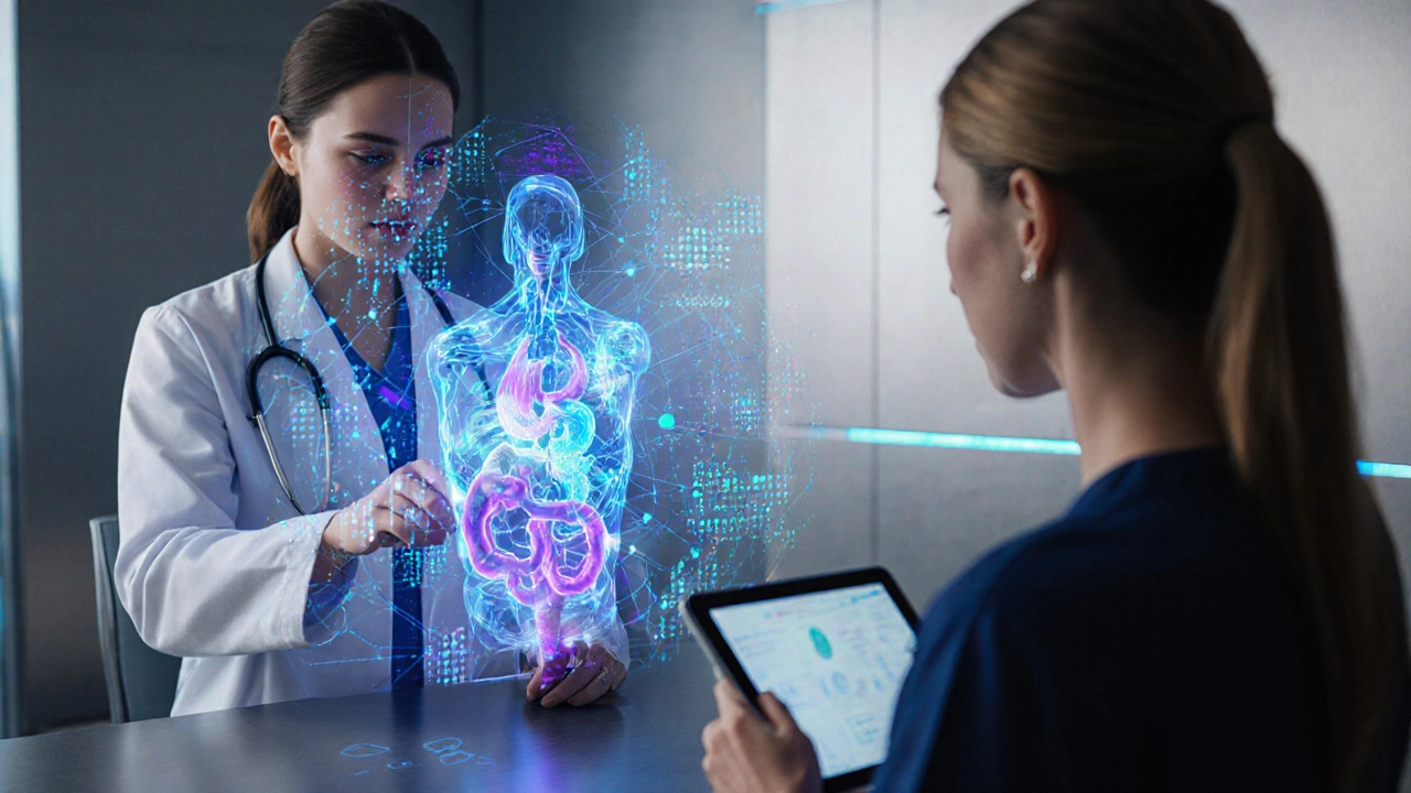 Doctor using holographic AI diagnostics while a foreign patient watches in a futuristic lab.