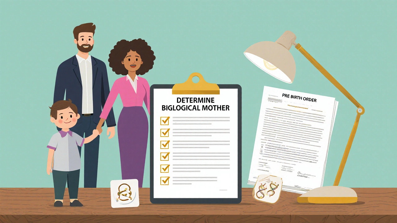 Flat‑design desk with checklist, legal papers, DNA icon, and supportive family silhouette.