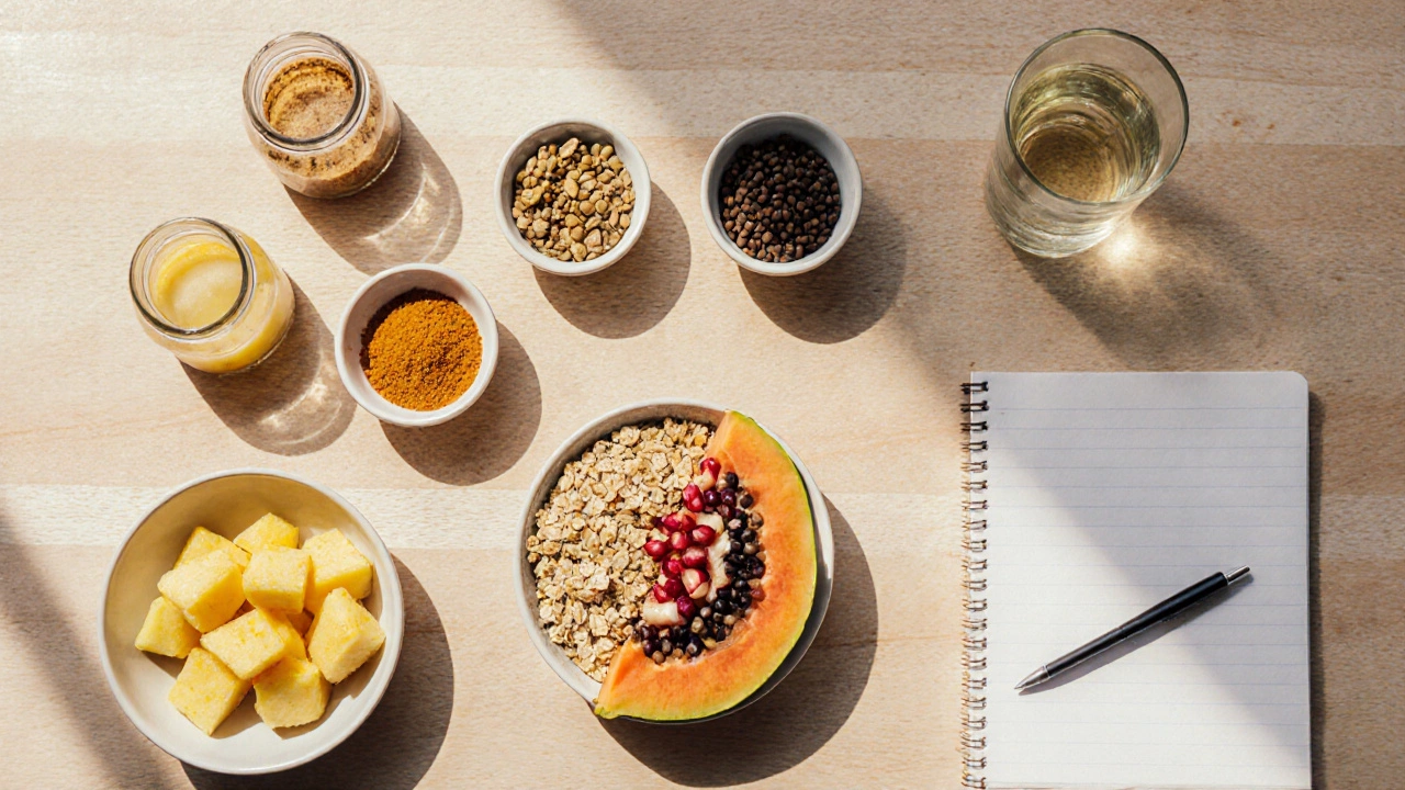 Flat‑lay of ghee jars, spices, grains, fruit, and ginger‑lemon water for meal prep.