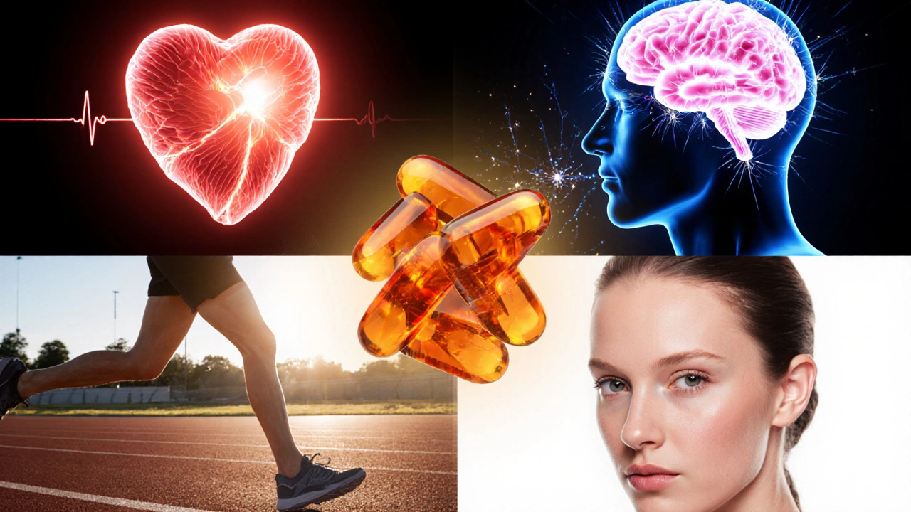 Four‑panel illustration showing heart, brain, athlete, and smooth skin with CoQ10 capsules.