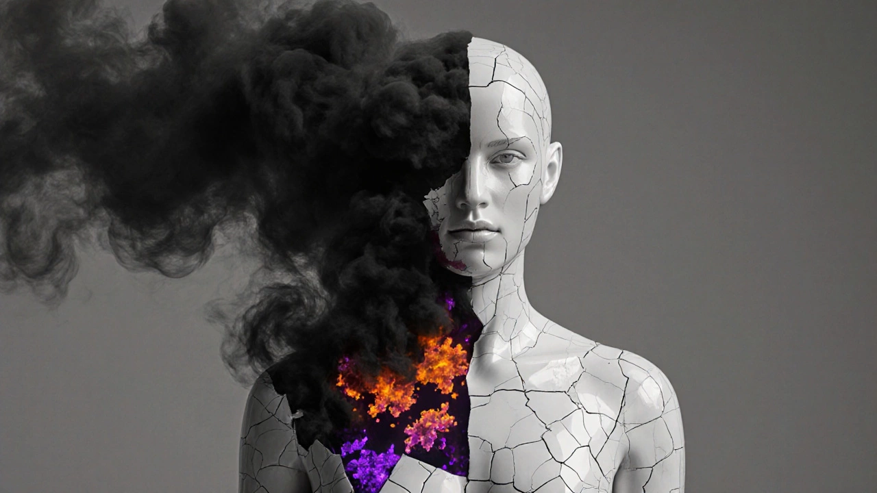 Fragmented human figure made of porcelain, replaced by dark smoke representing aggressive cancer spread.