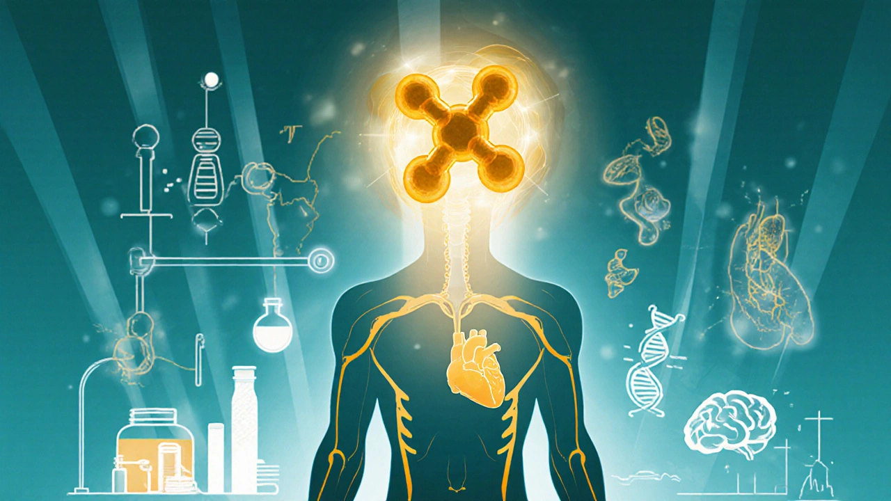 Glowing curcumin molecule above a human figure with illuminated joints, heart, and brain.