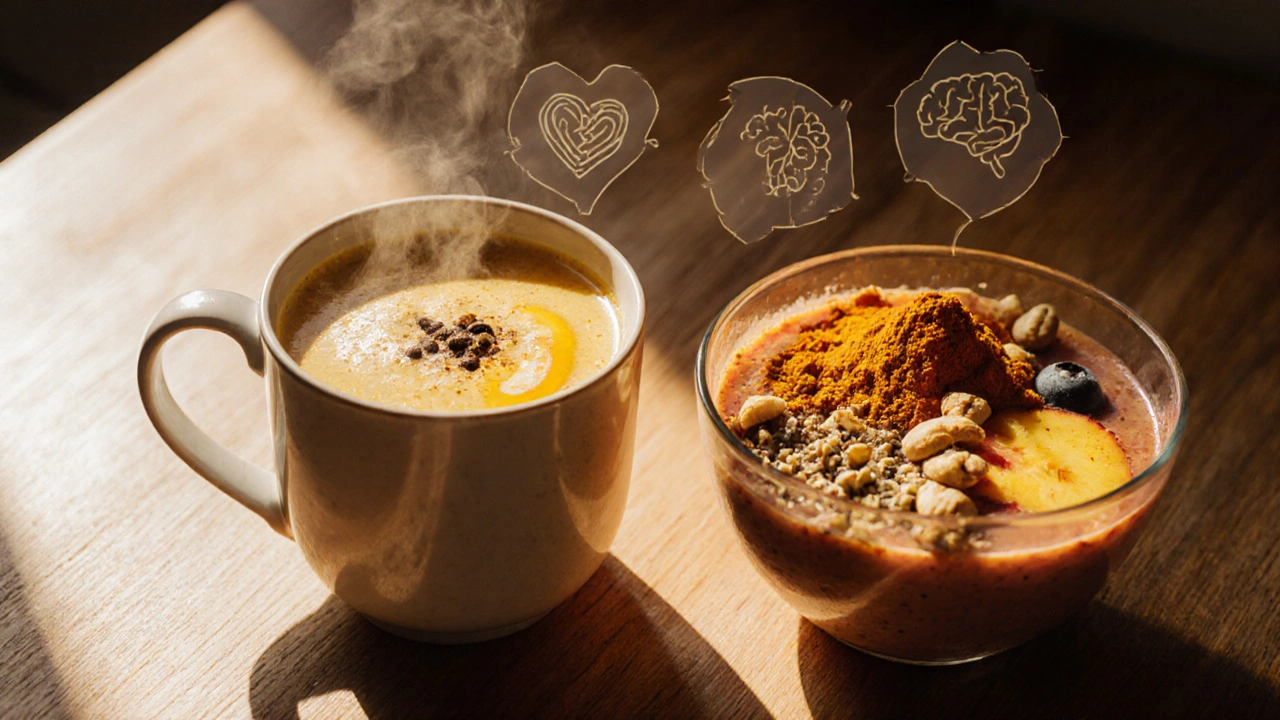 Golden milk mug and turmeric smoothie bowl on a sunrise kitchen counter, evoking daily health routine.