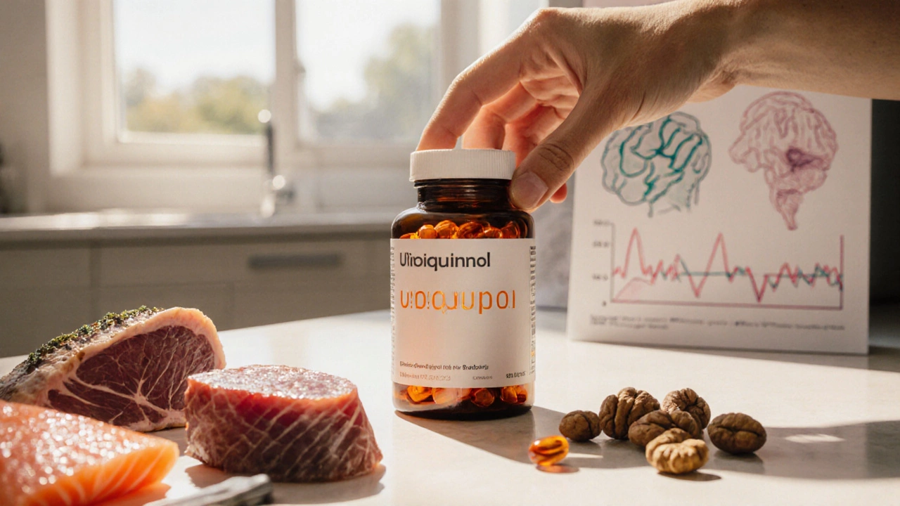 Hand reaching for orange CoQ10 capsules beside salmon, liver, and nuts on a kitchen counter.