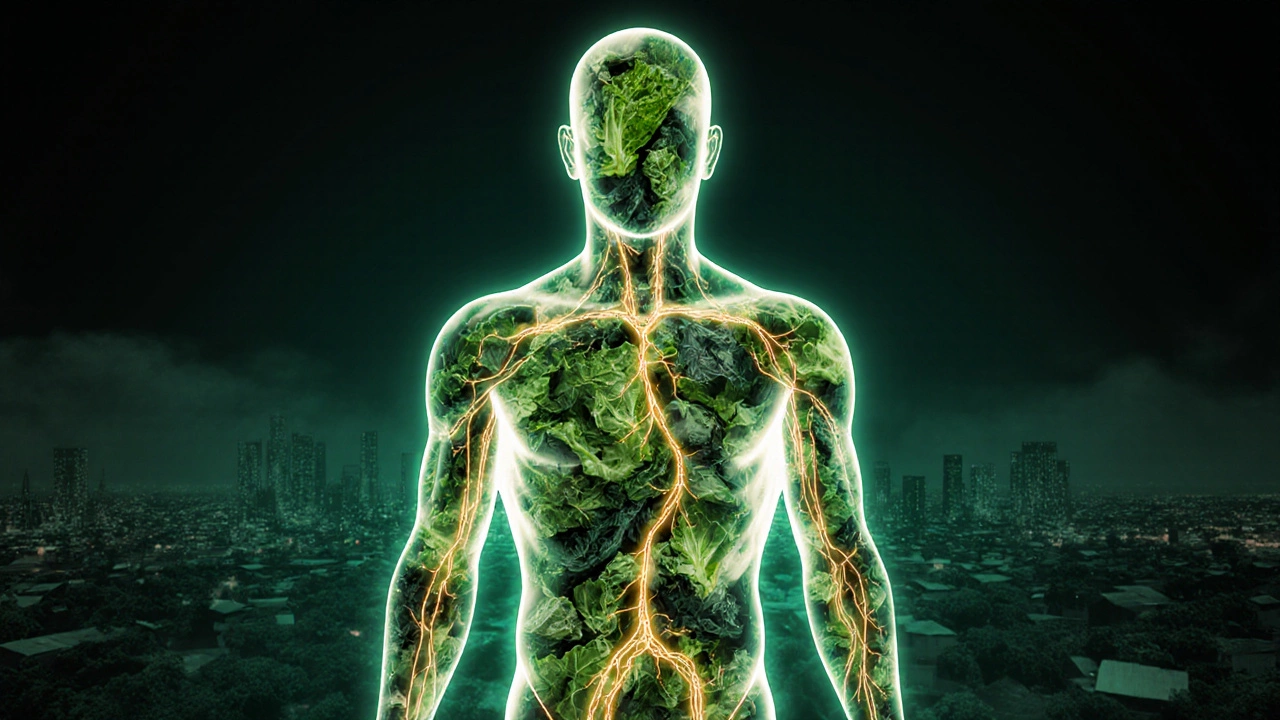 Human body silhouette filled with glowing leafy greens and nutrient pathways representing health benefits.