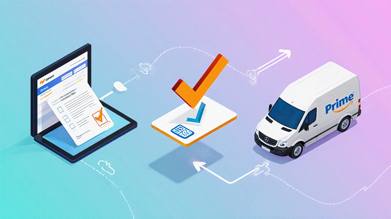 Illustrated workflow showing prescription upload, verification, insurance check, and delivery.