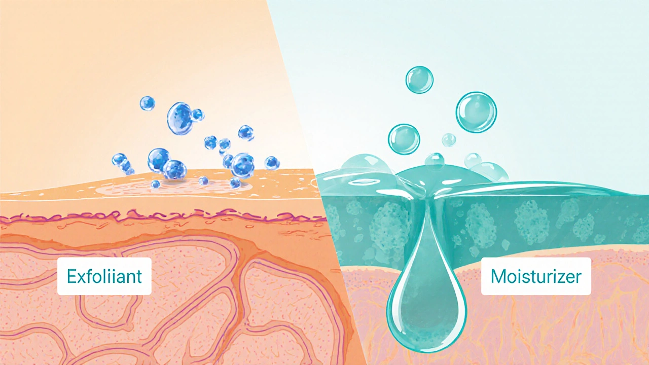Illustration of exfoliant dissolving dead skin cells and moisturizer hydrating skin.