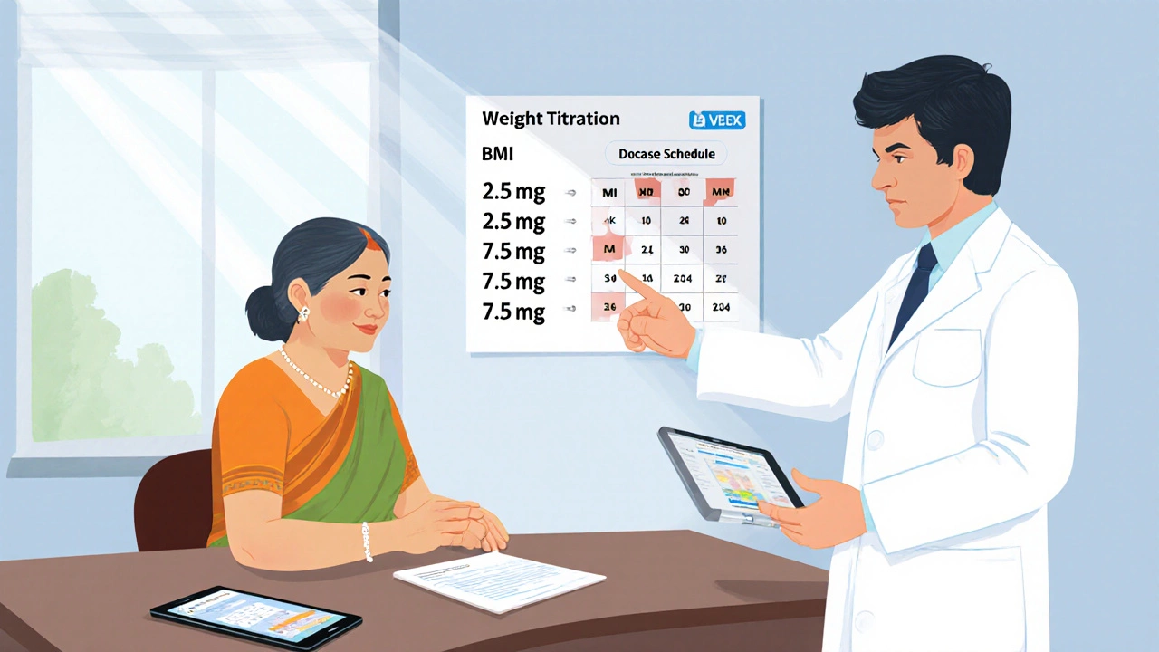 Indian clinic scene with doctor, patient, BMI chart, and dosage schedule poster.