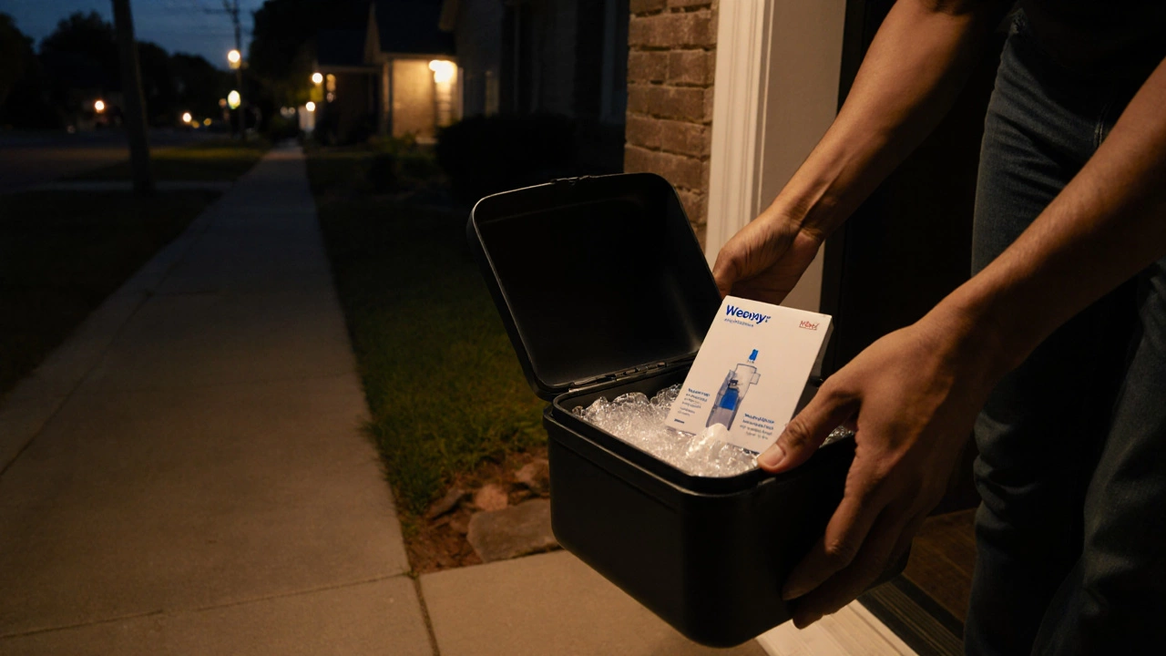 Individual opening a discreet delivery box at home, revealing a refrigerated Wegovy package.