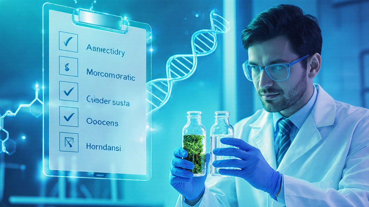 Laboratory scene with scientists studying Ayurvedic extract and homeopathic solution beside a floating checklist.