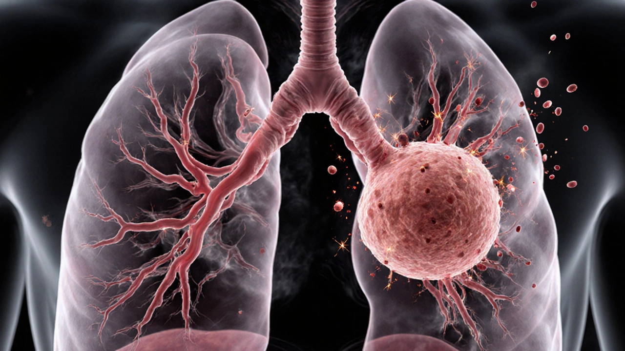 Lung tumor with invasive tendrils bursting into blood vessels, cancer cells spreading through bloodstream.