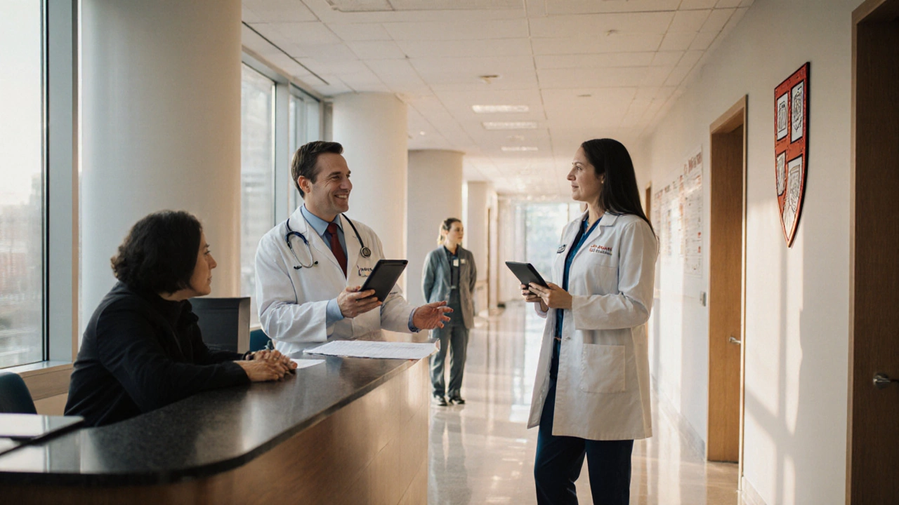 Multilingual staff assisting an international patient in a Harvard‑affiliated hospital hallway.