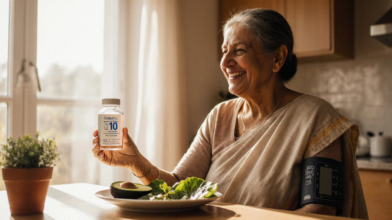 Older woman at kitchen table holding CoQ10 supplement bottle and avocado meal, with blood pressure cuff nearby.
