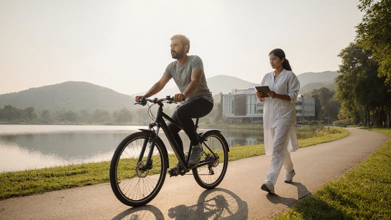 Patient cycling with physiotherapist in a sunny park, symbolizing healthy lifestyle.