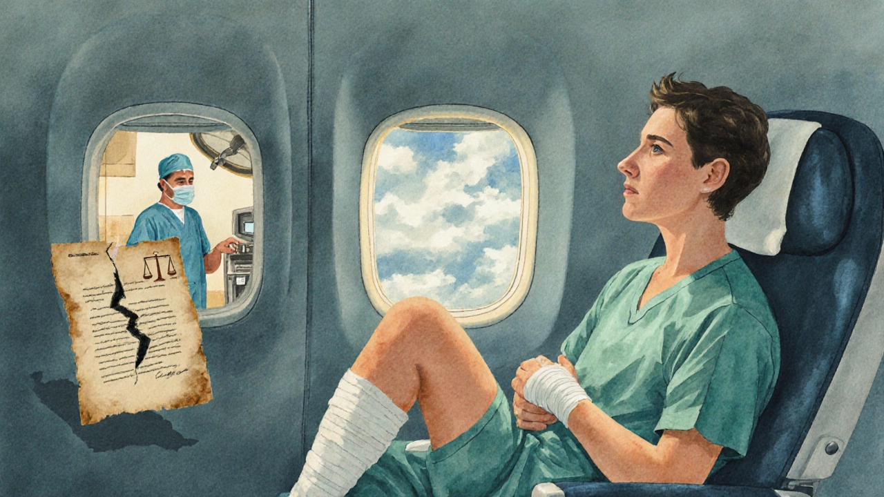 Patient on airplane clutching bandaged leg, with floating legal scales and view of outdated foreign OR.