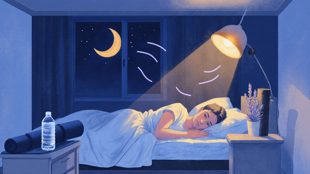 Peaceful bedroom at night with sleeping person, water bottle, yoga mat and soft lighting.