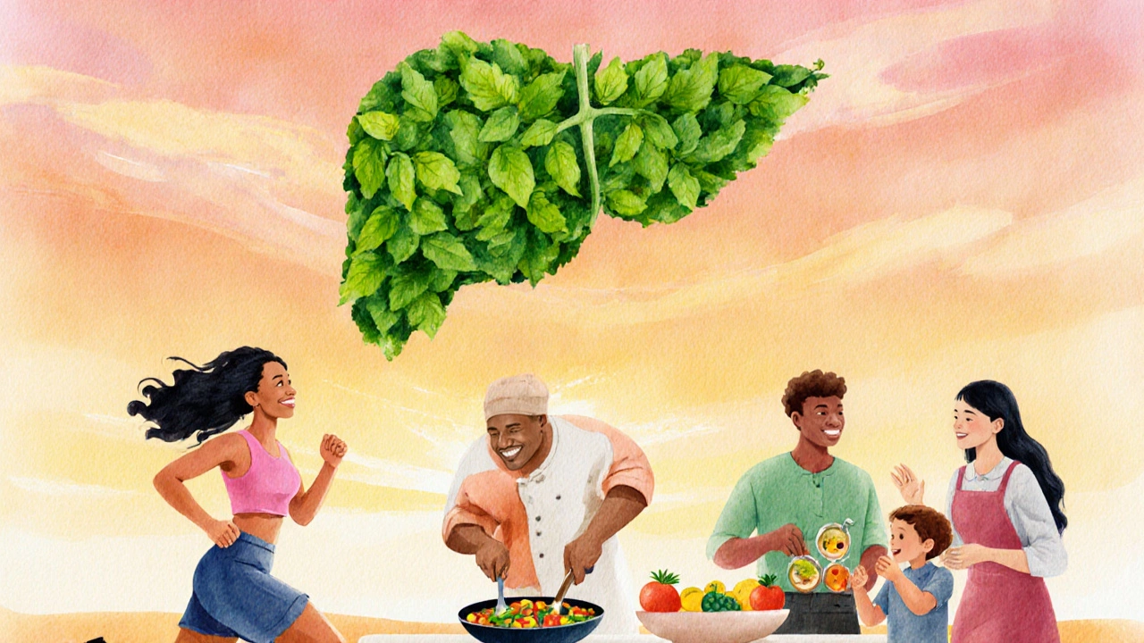 People exercising and cooking healthy food beneath a leaf‑shaped pancreas in the sky.