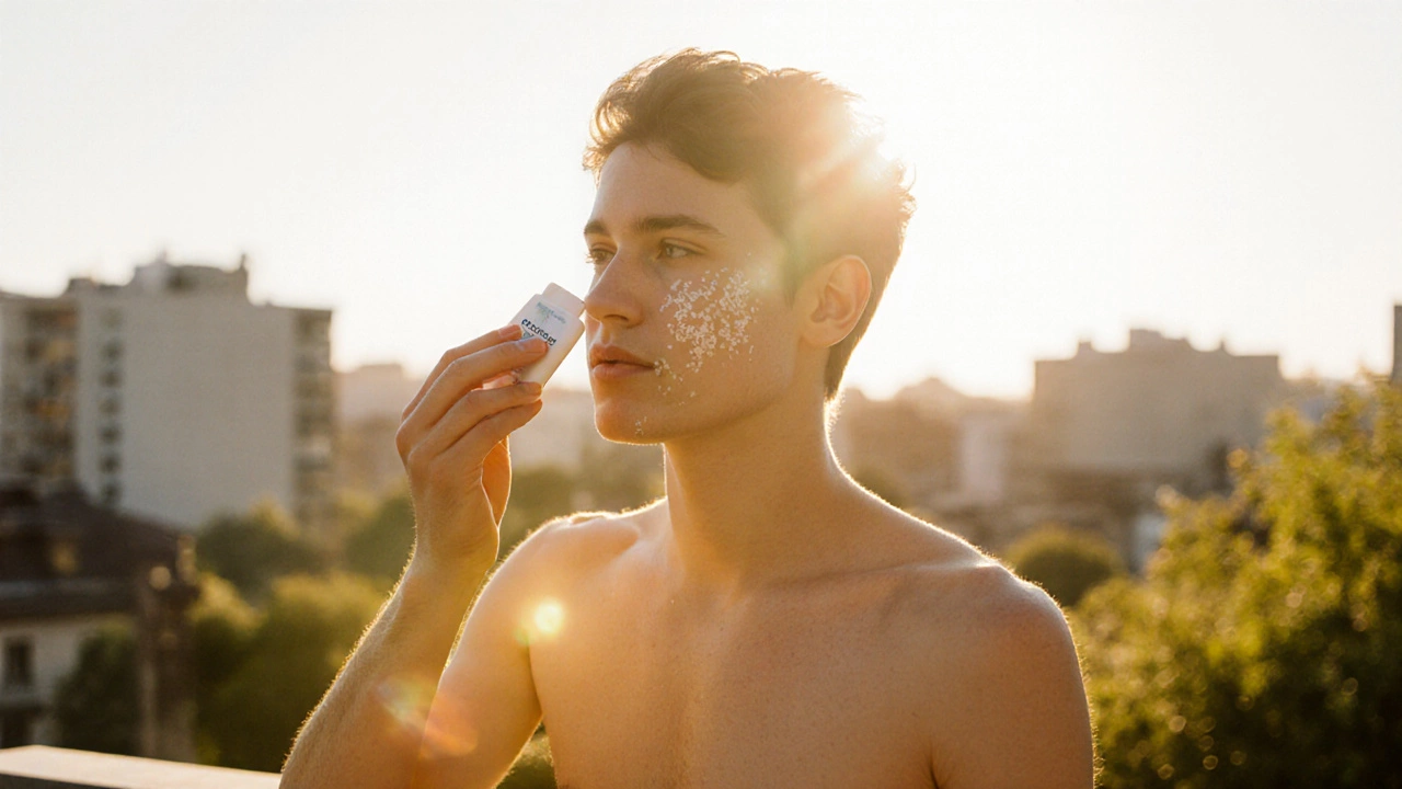 Person applying sunscreen outdoors before heading into sunshine.