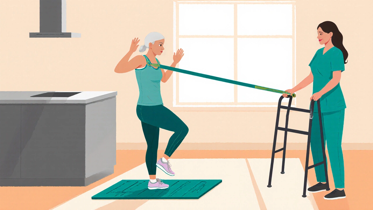 Person doing knee rehab exercises at home with a walker and therapist.