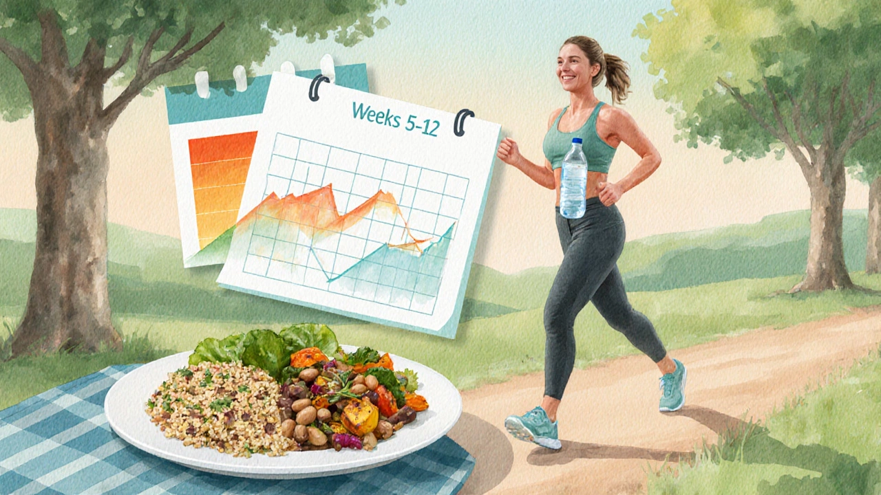 Person walking on a path with a balanced high‑fiber meal nearby, indicating progress.