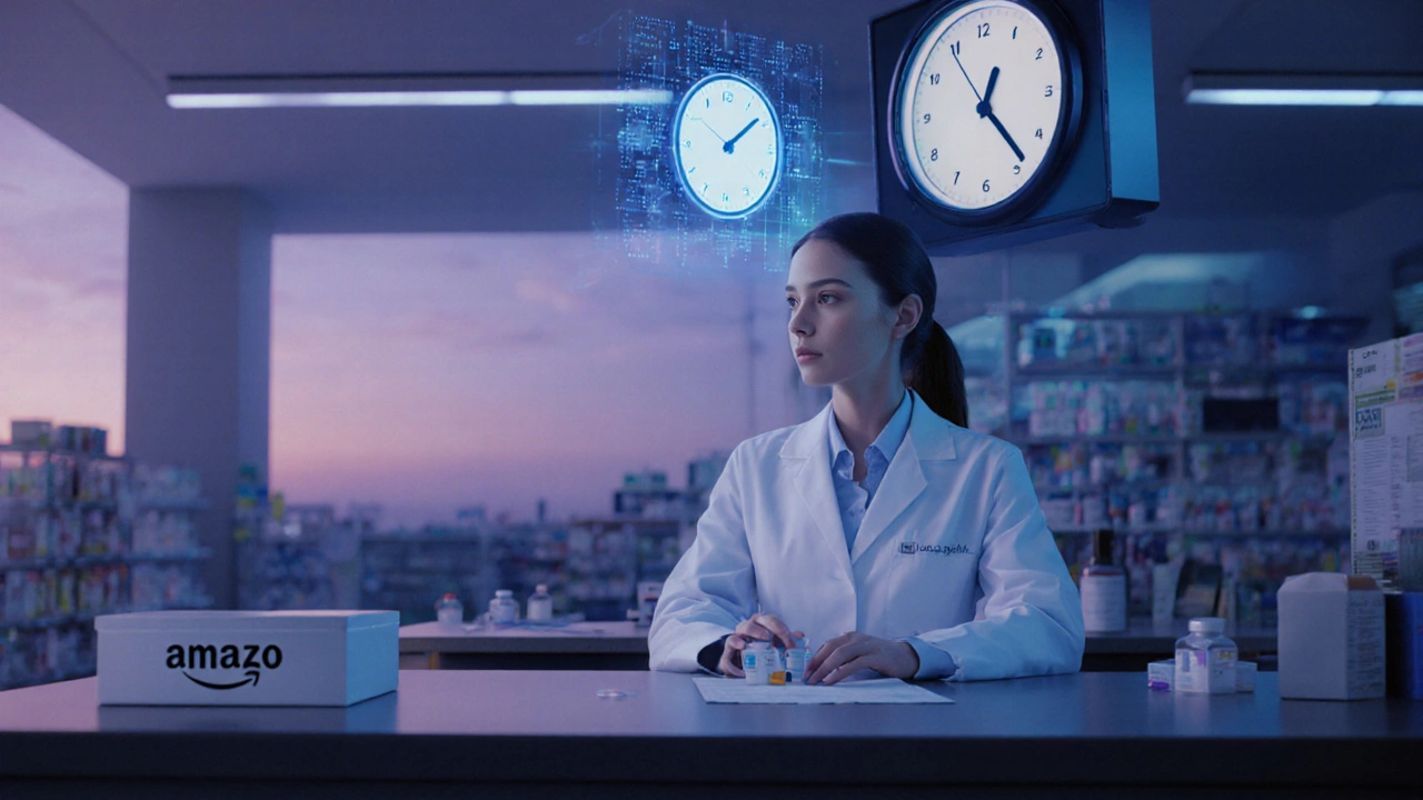 Pharmacist on a video call with a prescriber, with a hovering clock indicating verification time.