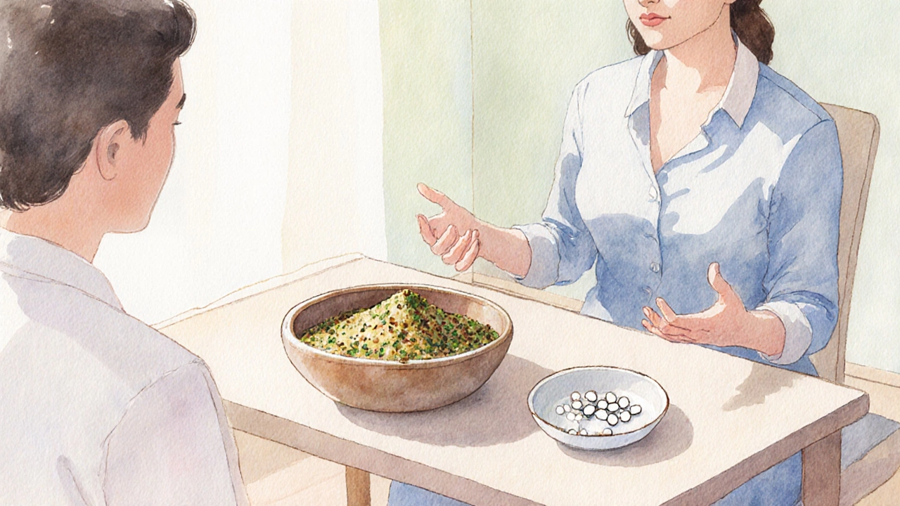 Practitioner advising a patient with herbal powder and homeopathic pellets on a table.