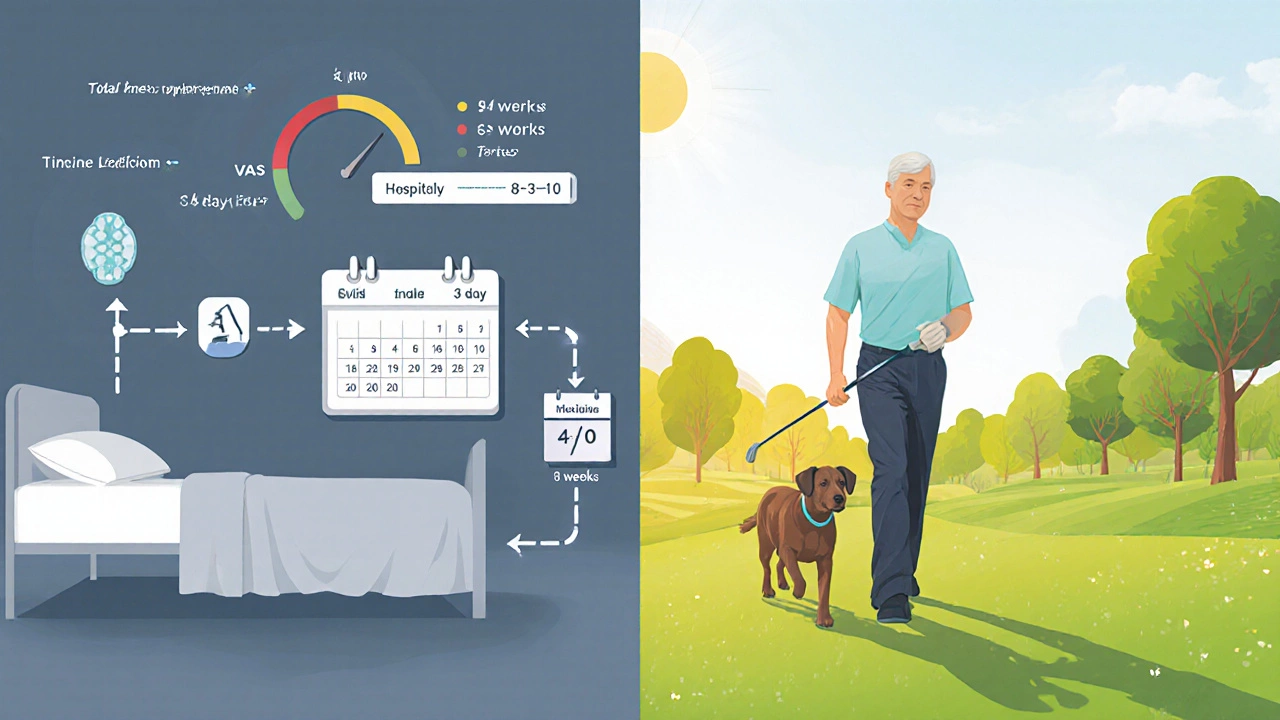 Recovered individual walking in a park, enjoying activities after knee replacement.