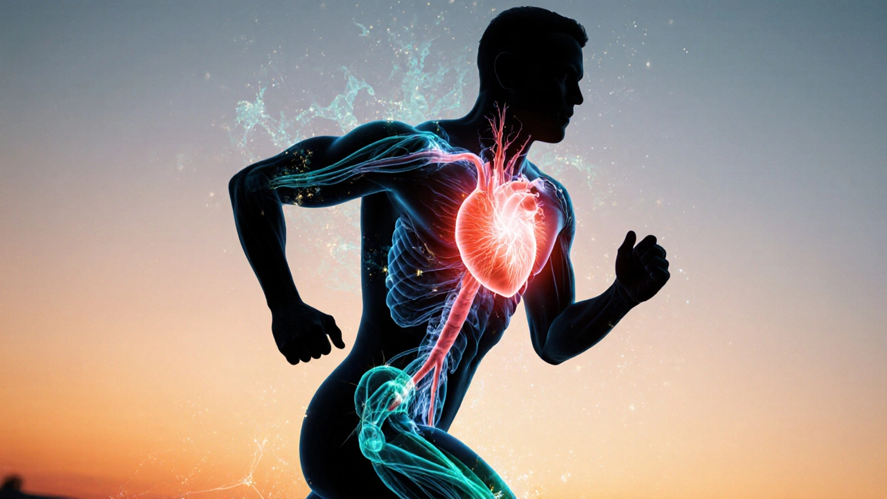 Runner silhouette surrounded by glowing heart, vessels, muscles, and smooth skin indicating CoQ10 benefits.