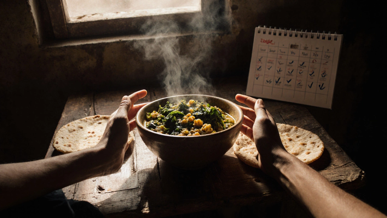 Rural Indian meal of steamed greens with dal and roti, illuminated by sunlight on a wooden table.