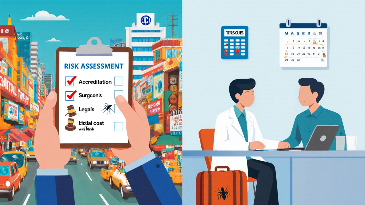 Side‑by‑side checklist comparing travel medical tourism risks with safe local care.