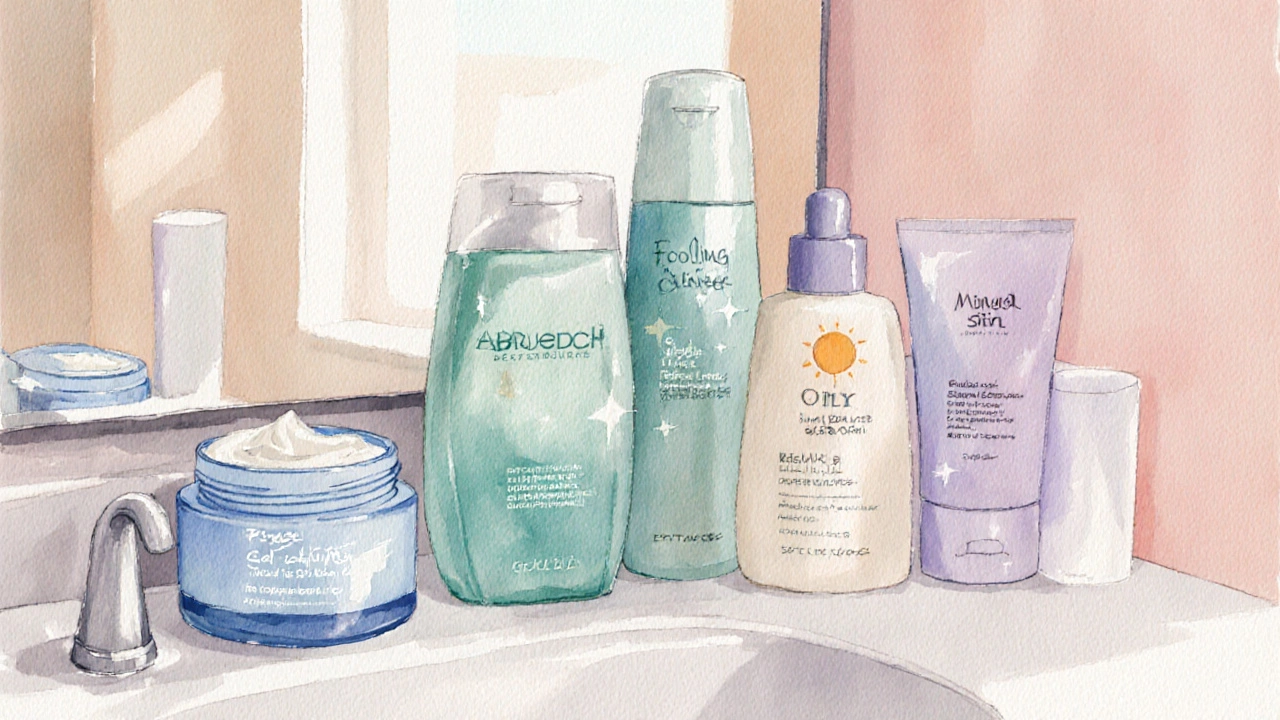 Skincare routine scene with products matched to dry, oily, combination, and sensitive skin.