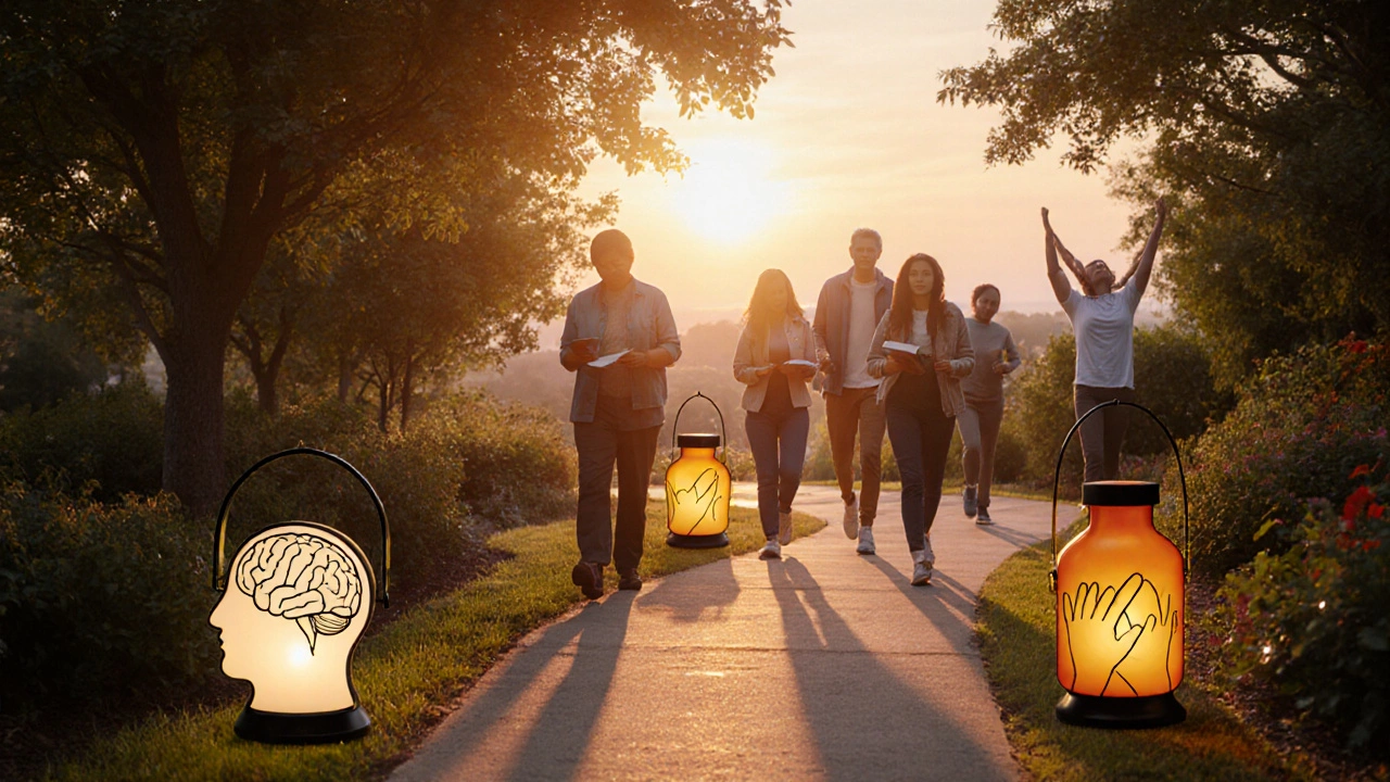 Sunrise garden path with lanterns representing therapy, medication, and support.