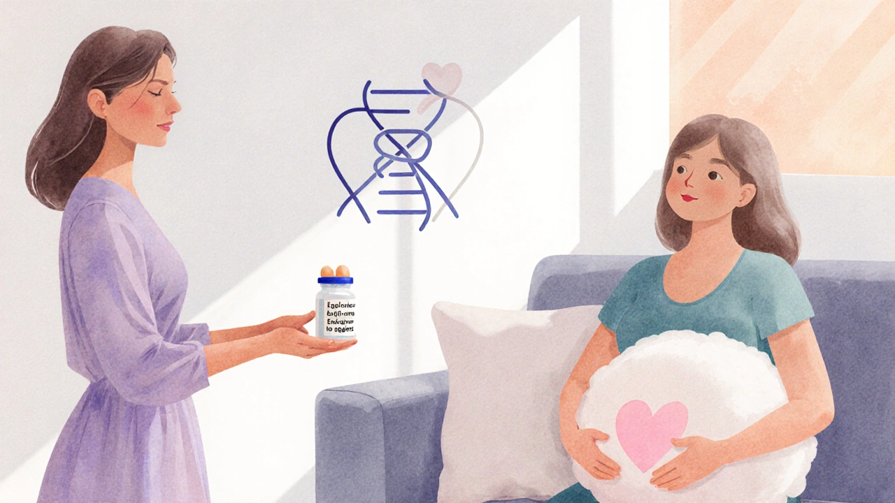 Watercolor of an egg donor giving a vial and a surrogate holding a pregnancy pillow.
