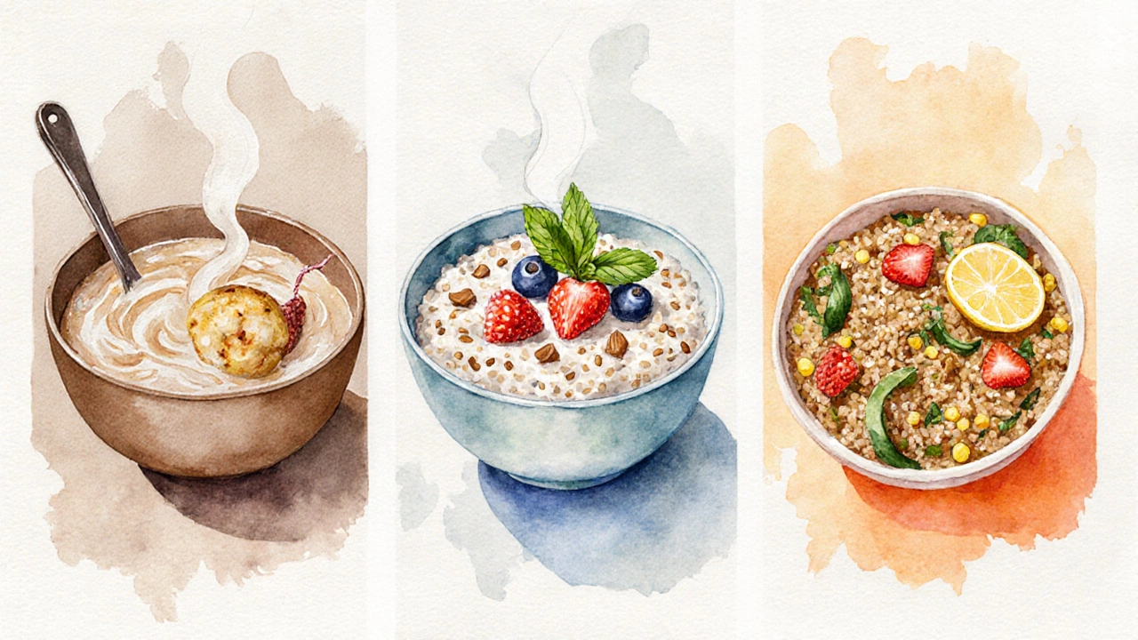 Watercolor triptych of Vata, Pitta, and Kapha breakfast plates.