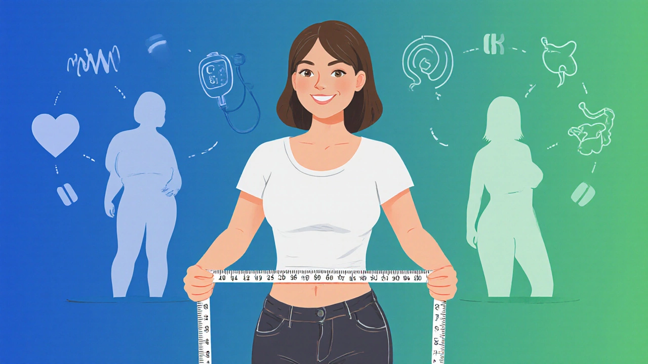 Woman measuring waist, showing slimmer silhouette and health icons.