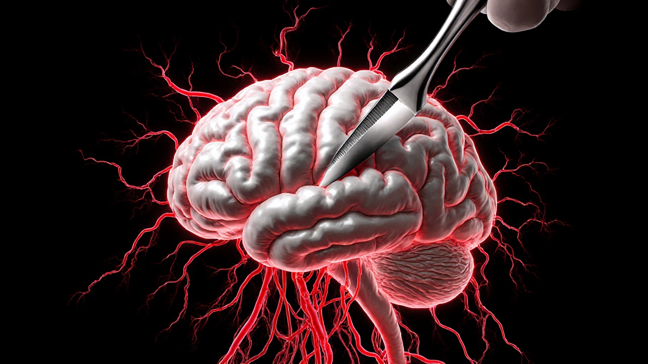 A brain with invasive red tumor roots spreading through neural pathways, a scalpel hovering above.