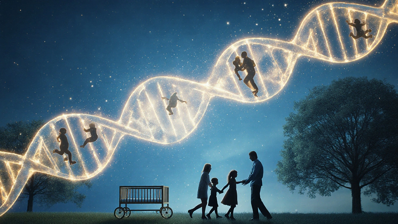 A glowing DNA strand turns into a cradle, with silhouettes of IVF babies fading into modern families in a park.
