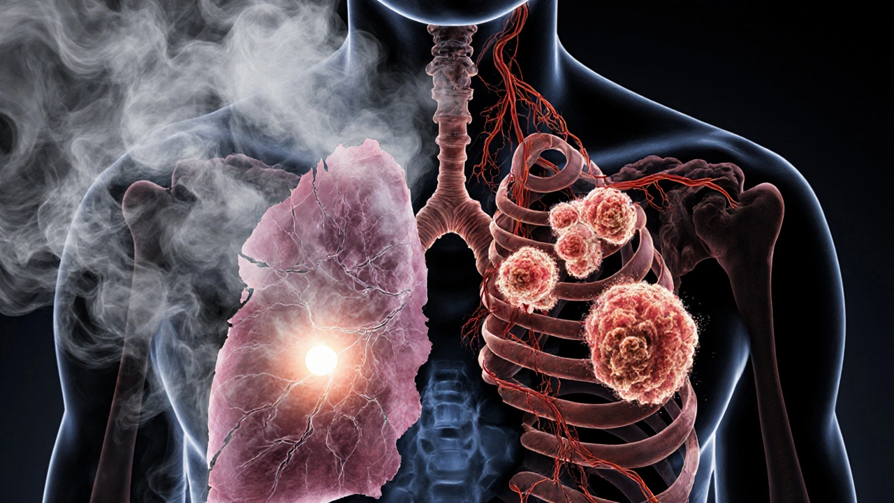 A lung landscape with early detection glow on one side and aggressive tumors spreading on the other.
