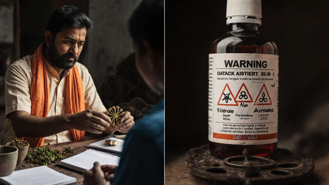 A qualified Ayurvedic practitioner consulting a patient versus a dangerous contaminated supplement bottle.