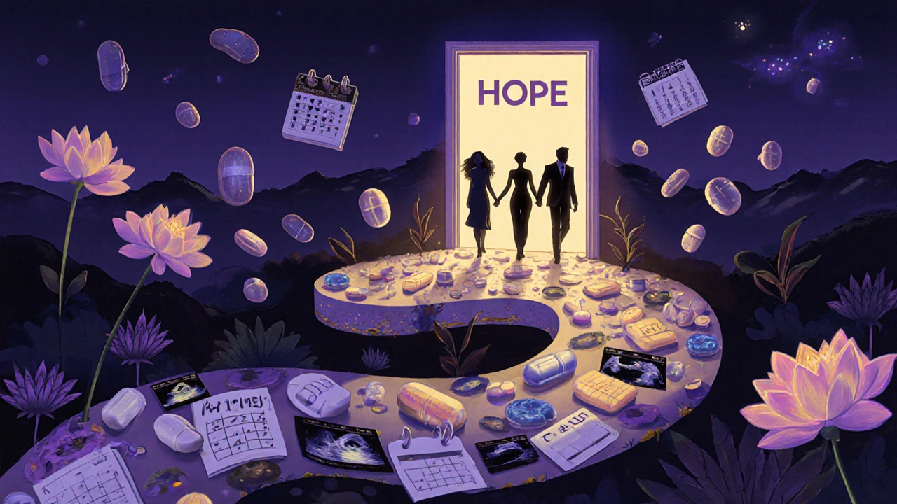 A symbolic path of fertility symbols leading to a glowing door labeled &#039;Hope&#039;, with celebrity silhouettes walking together.