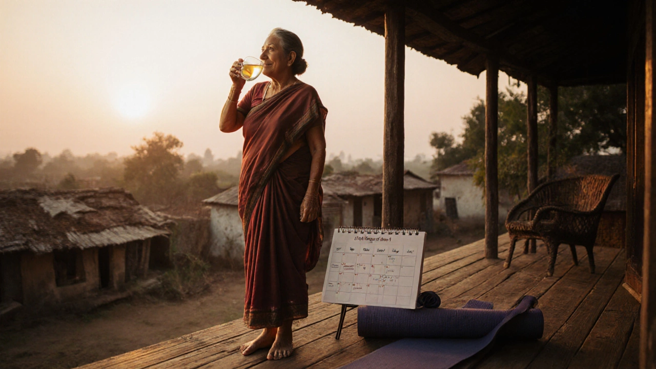 A woman drinking warm lemon water at dawn, embracing a simple, consistent Ayurvedic routine.