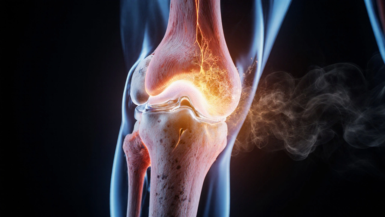 Cross-section of a healing knee implant with scar tissue dissolving and muscles reactivating.